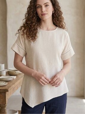 Ellen Tracy Asymmetrical  Ivory Metallic Stripe Peplum Blouse XL